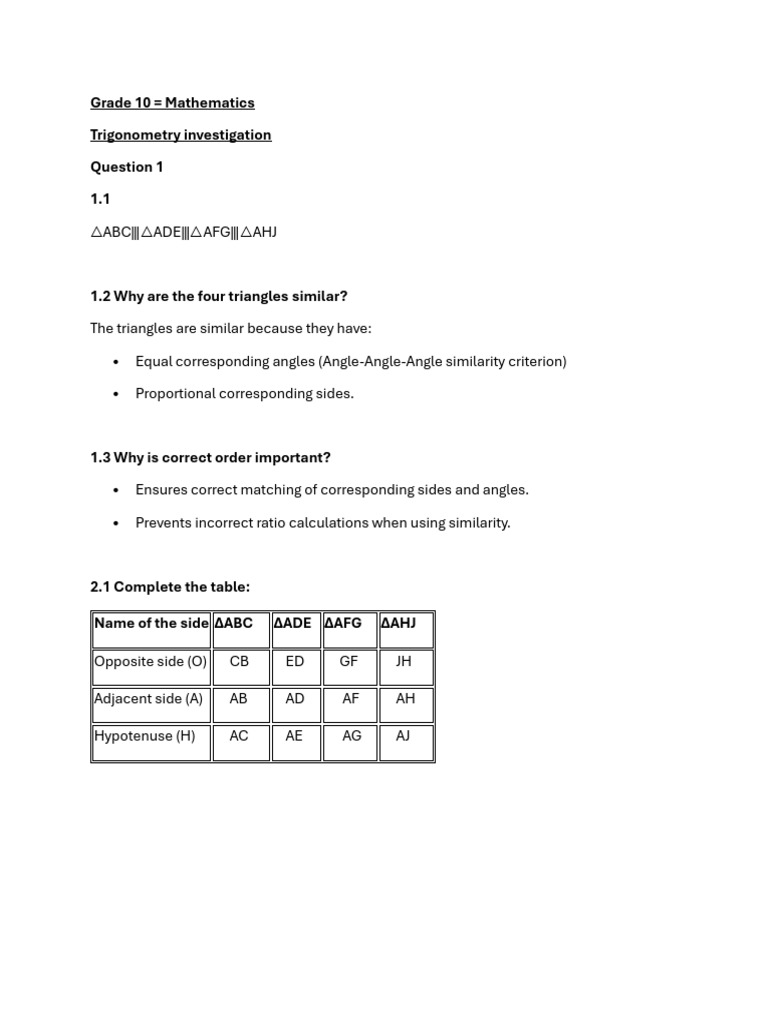 Trigonometry Investigation for Grade 10 | PDF | Trigonometry | Geometry