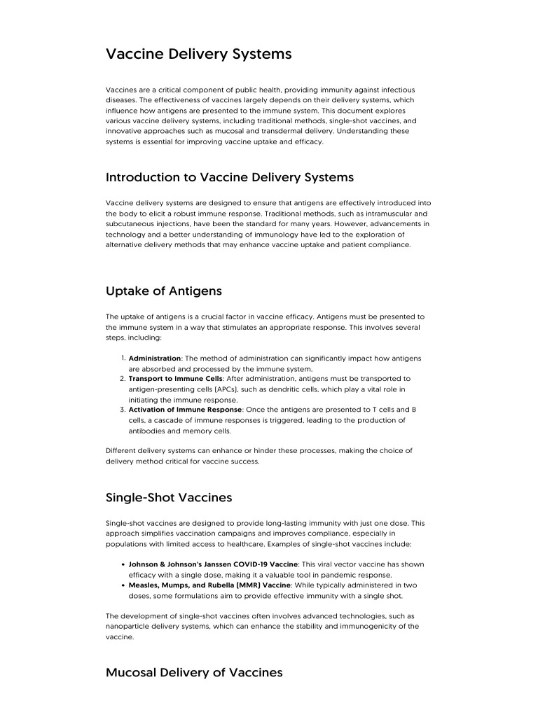 Innovations in Vaccine Delivery Systems | PDF | Vaccines | Immune System
