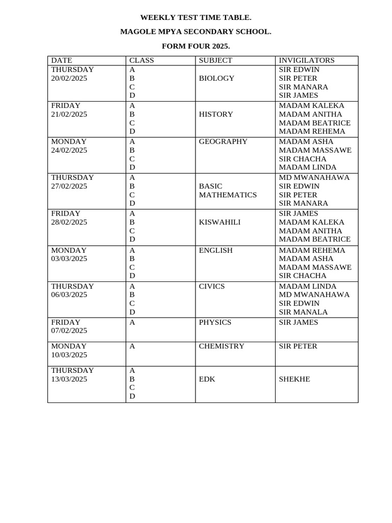 Weekly Test Time Table Form 4 | PDF | Natural Sciences | Physical Sciences