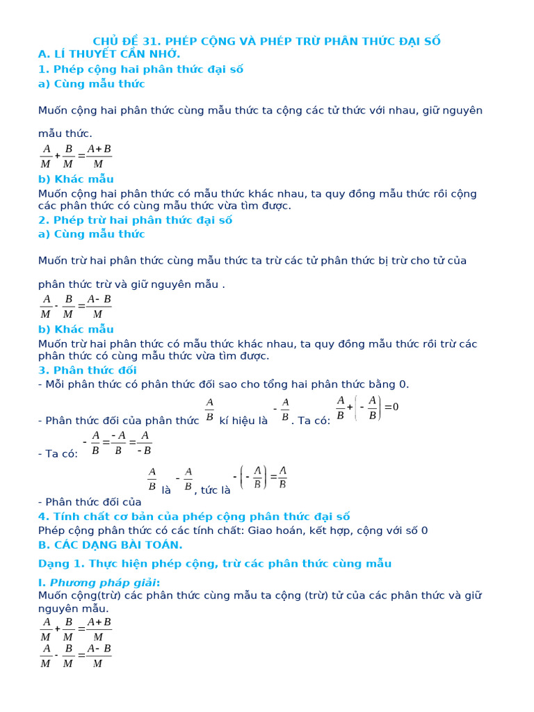 31 GV Phep Cong Va Phep Tru Phan Thuc Dai So | PDF