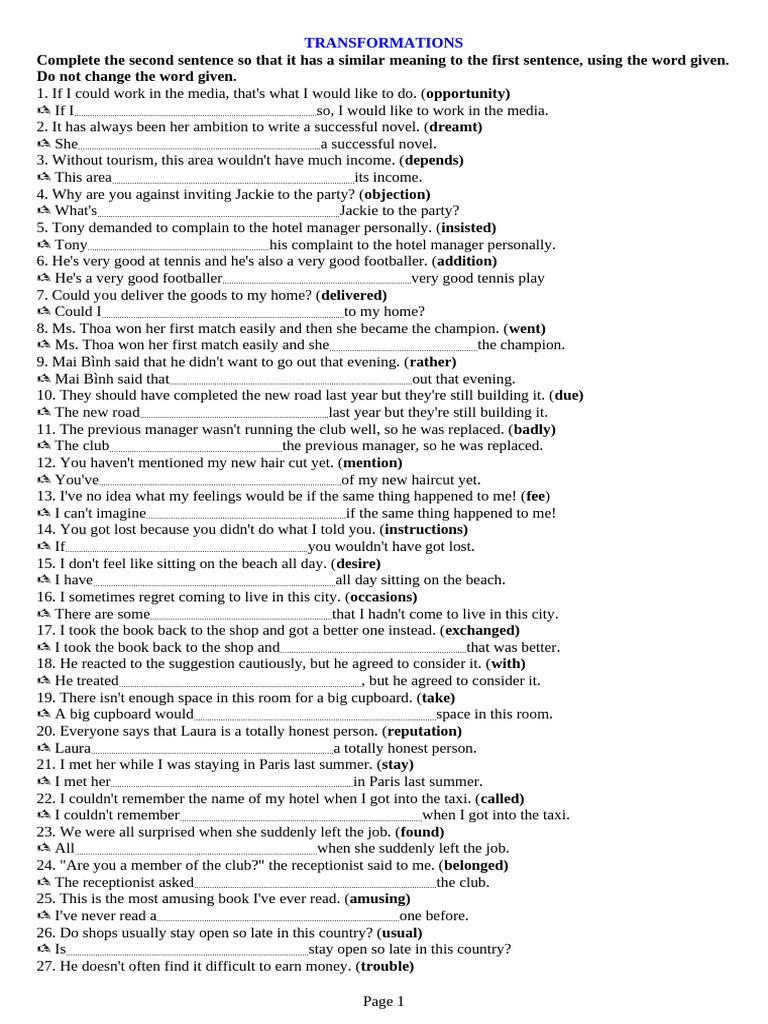 Sentence Transformation Exercises | PDF