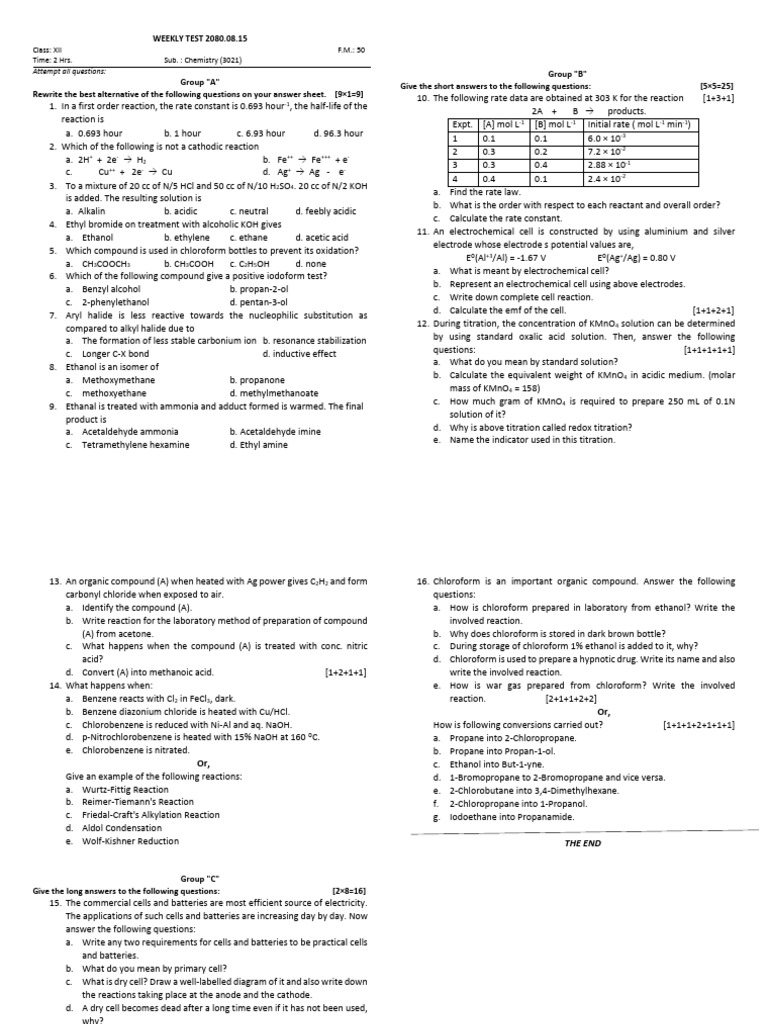 Chemistry Weekly Test for Class XII | PDF | Chemistry | Organic Chemistry