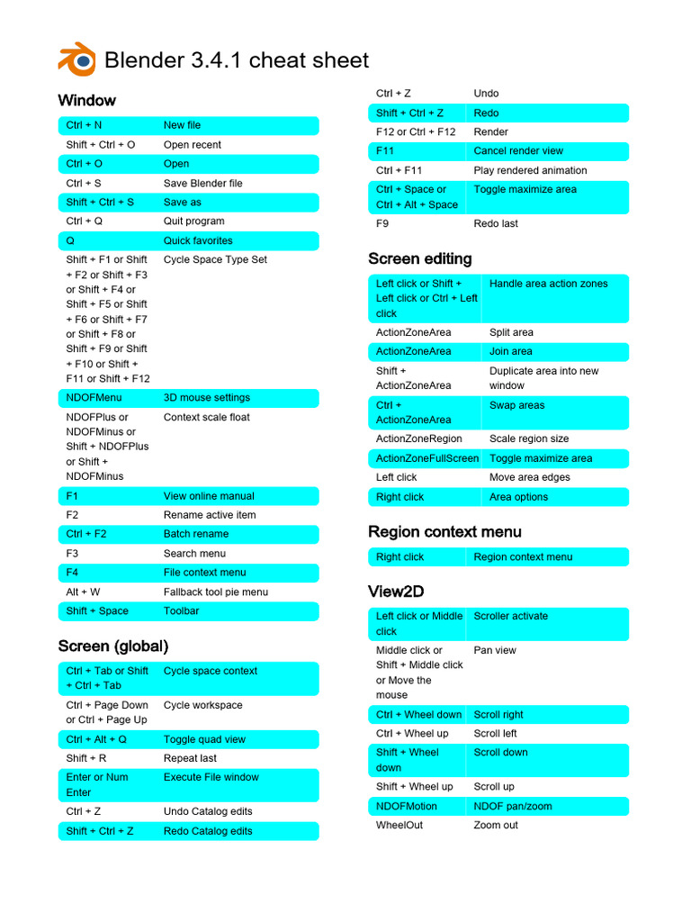 Blender 3.4.1 Hotkeys Cheat Sheet | PDF | Vertex (Geometry)