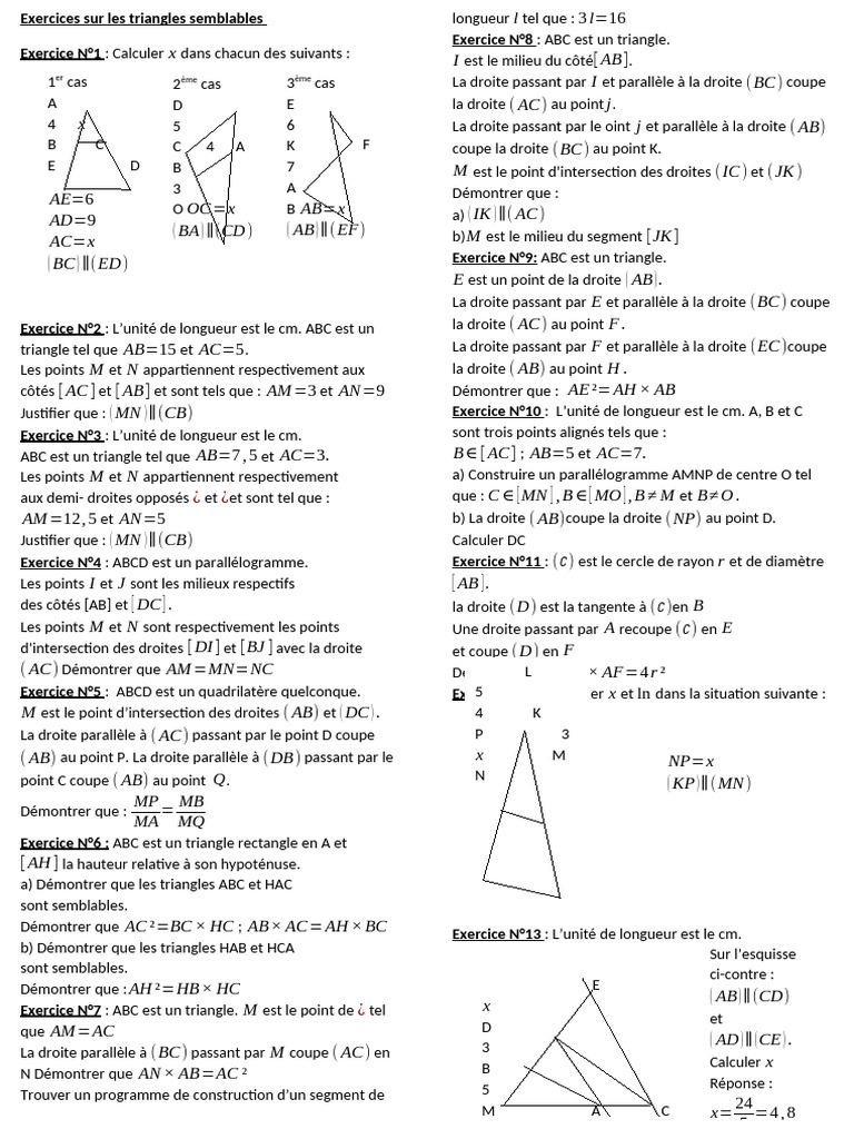 Exercices sur les triangles semblables | PDF | Triangle | Triangle
