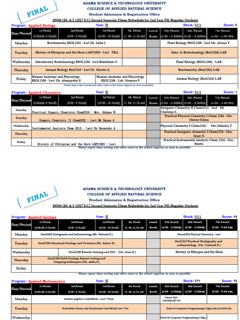 2nd Year Class Schedule | PDF | Mathematics | Physics