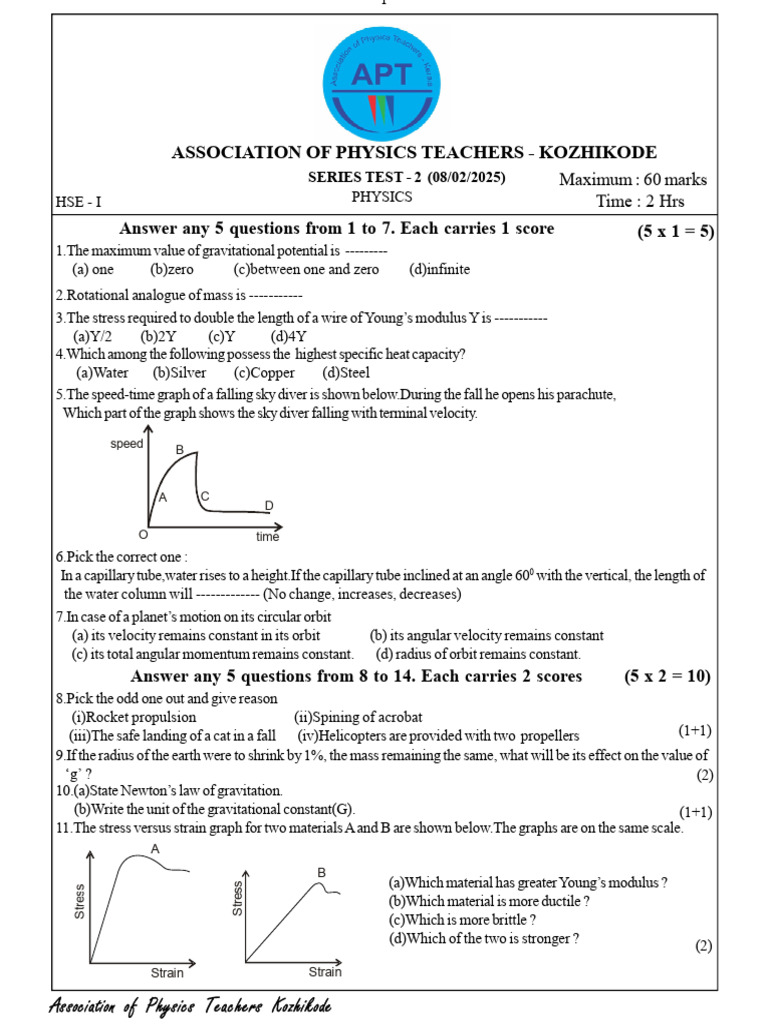 Physics Test Paper for HSE - Kozhikode | PDF | Angular Momentum ...
