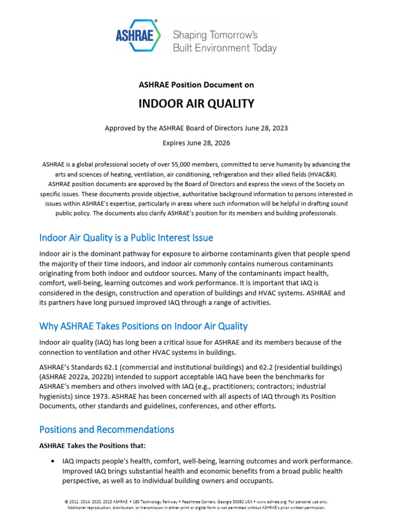 ASHRAE Position on Indoor Air Quality | PDF | Ventilation (Architecture ...