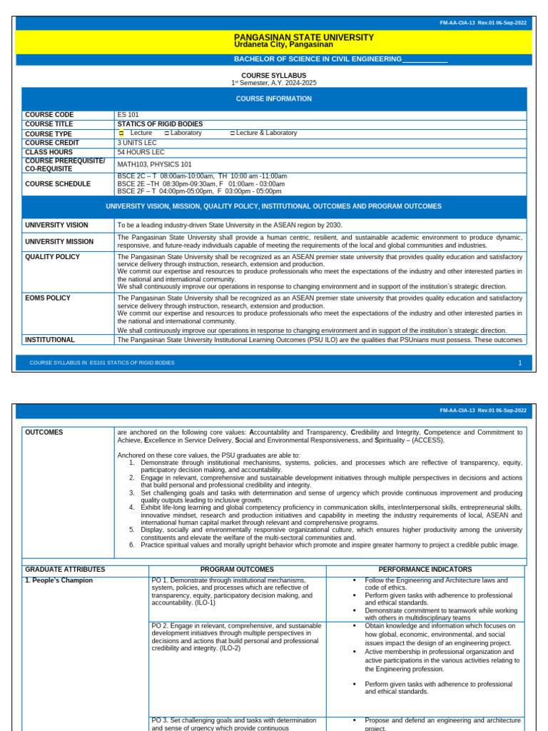 ES101 Statics Course Syllabus 2024-2025 | PDF | Engineering | Civil ...