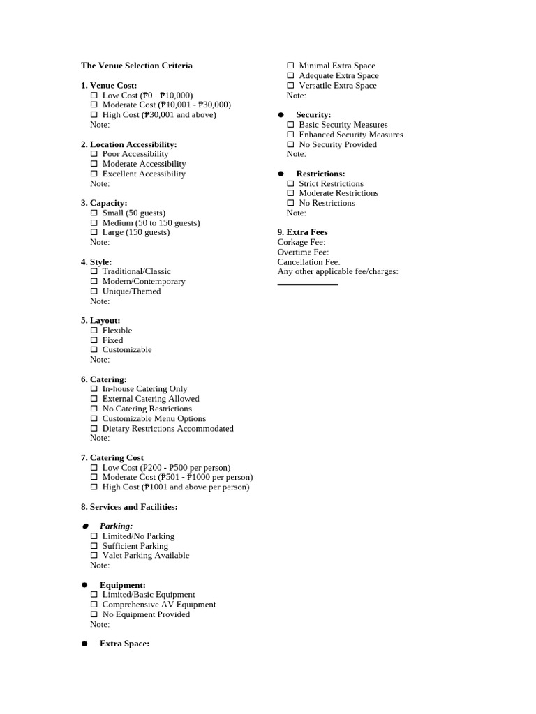 Venue Selection Criteria Overview | PDF | Parking