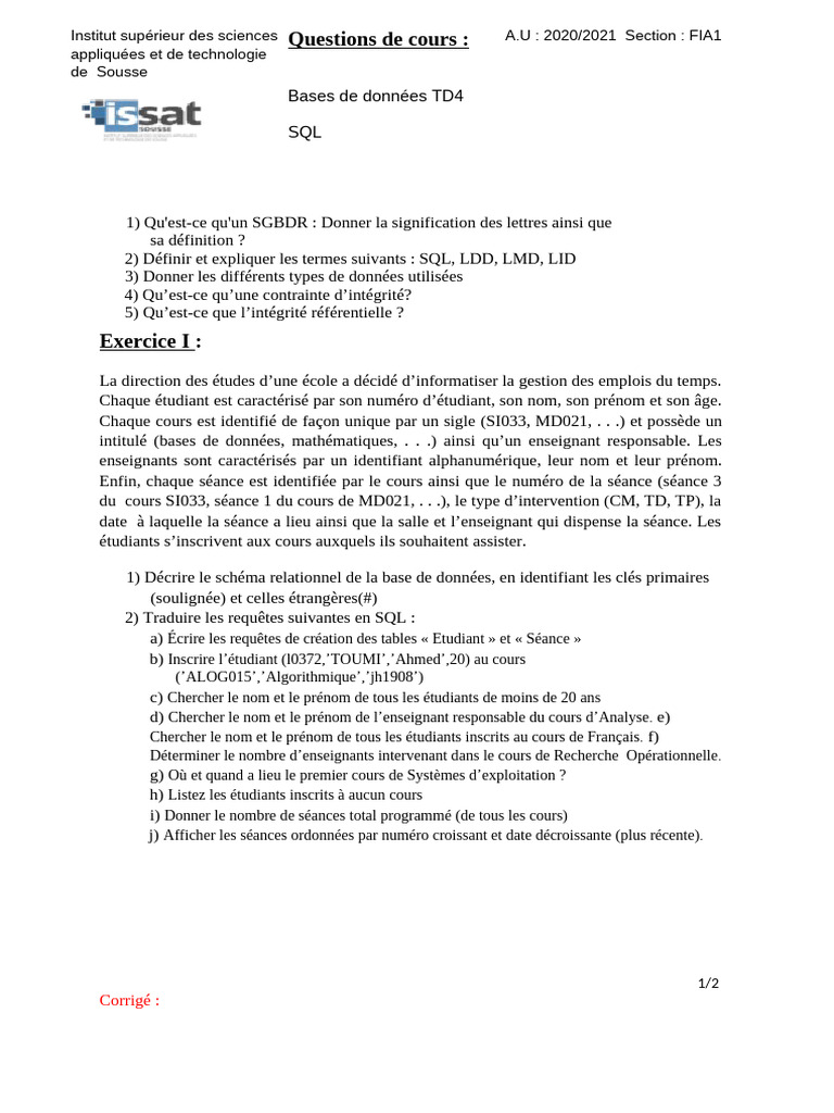 Cours SQL et SGBDR - Institut Sousse | PDF | Base de données ...