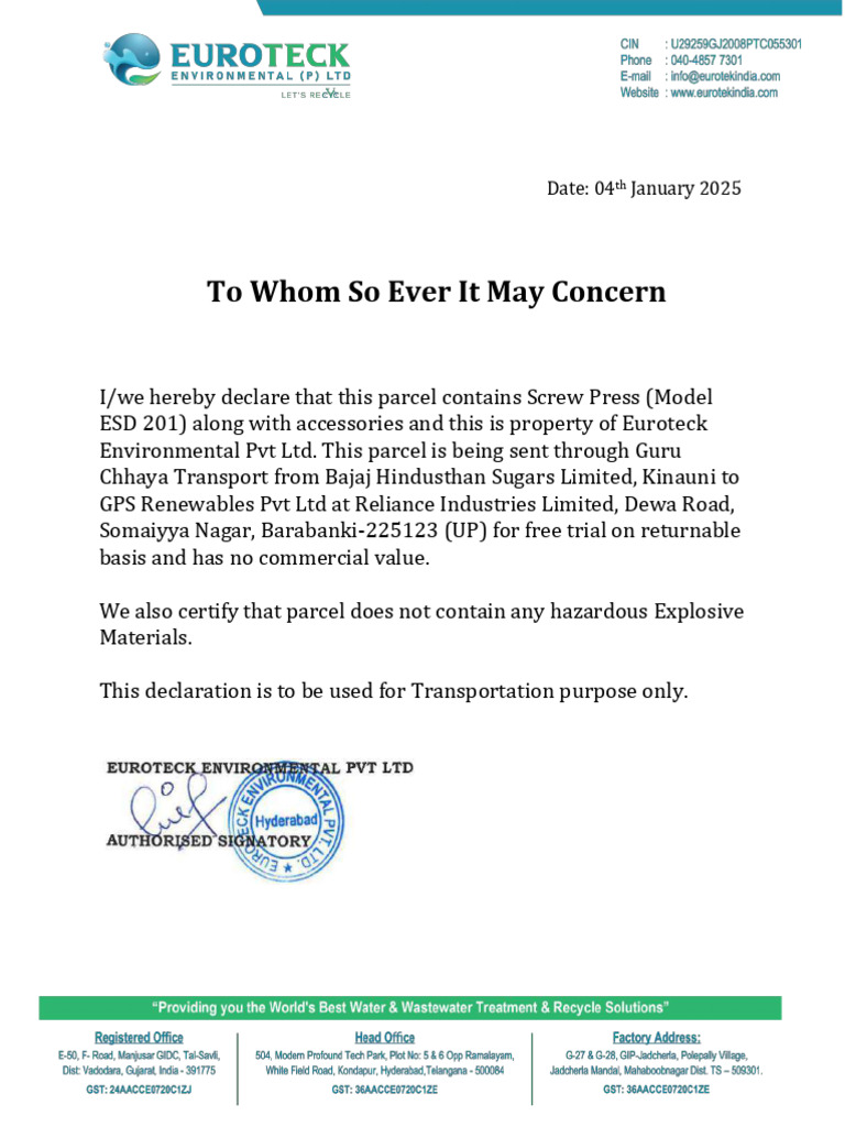 Declaration For Transporation - Compressed | PDF
