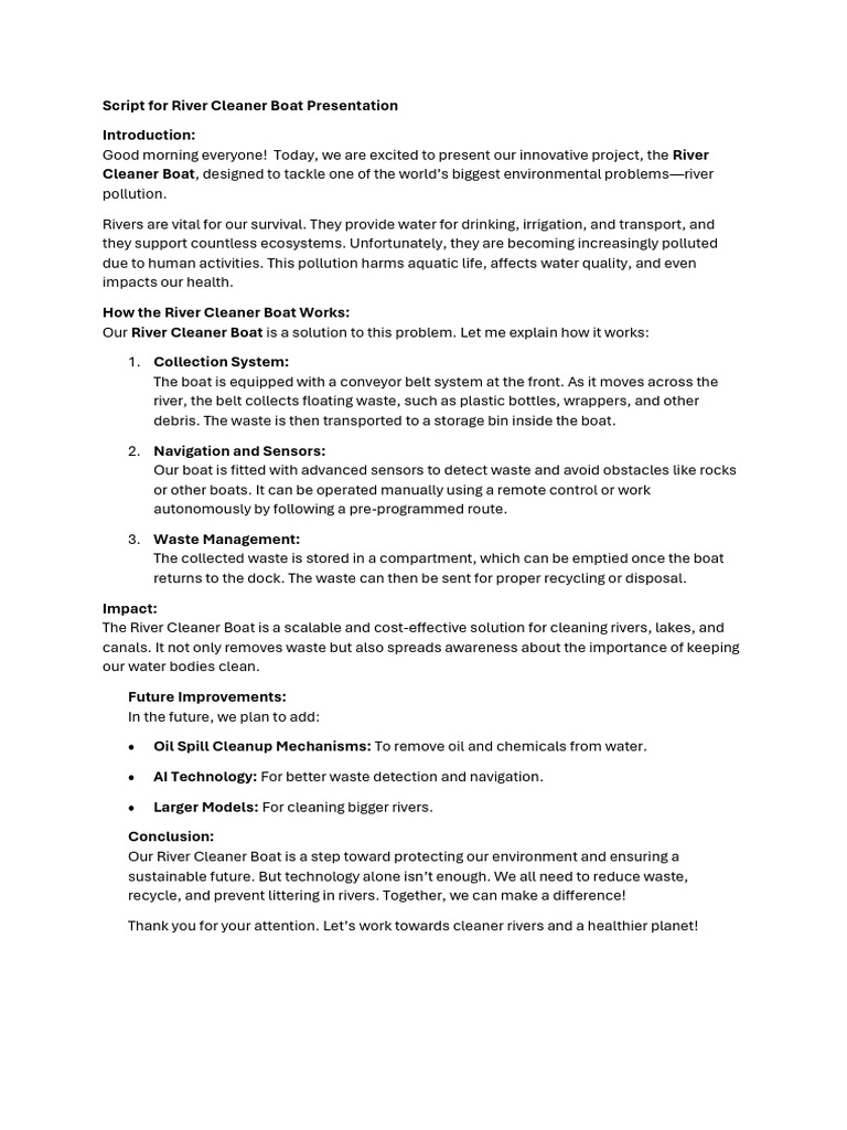 River Cleaner Boat Presentation Script | PDF