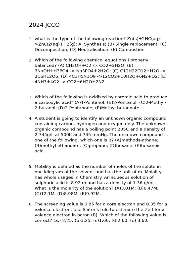 JCCO Chemistry Past Paper 2024 | PDF | Acid | Mole (Unit)