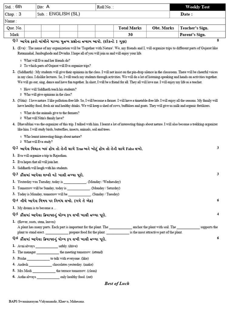 Weekly Test Paper for English Class 6 | PDF | Organisms | Plants