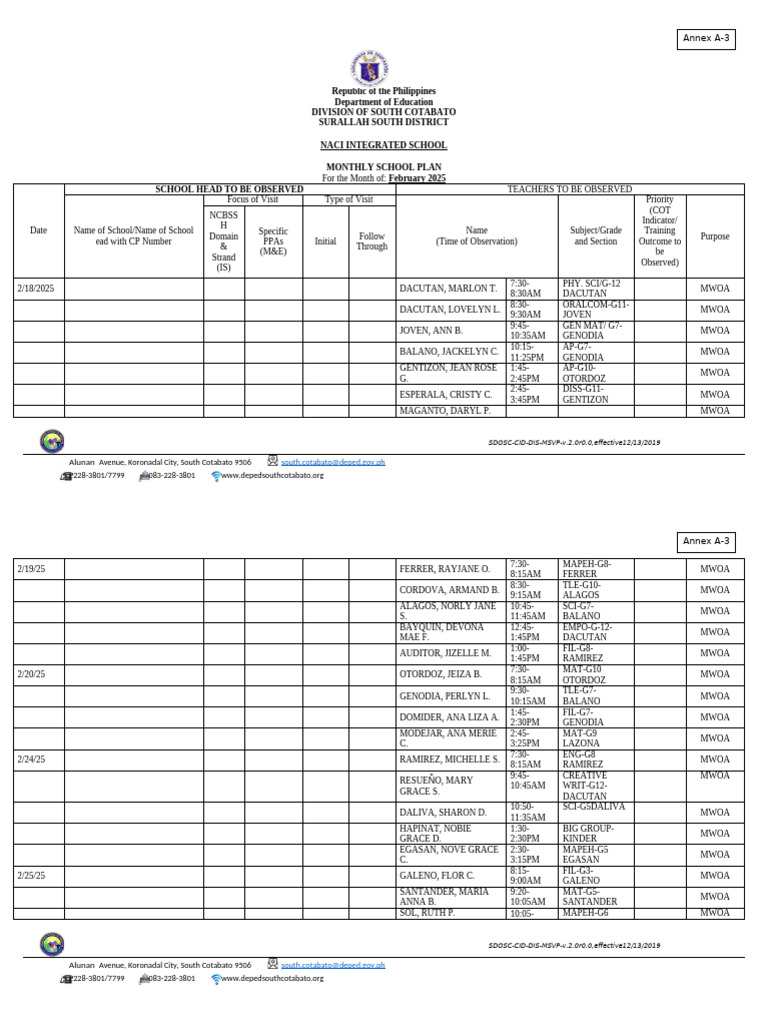 Monthly School Visit Plan | PDF