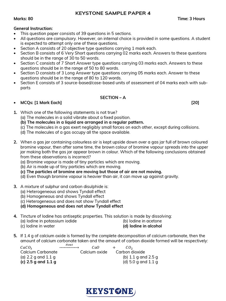Keystone Sample Paper 4 Overview | PDF | Solubility | Muscle