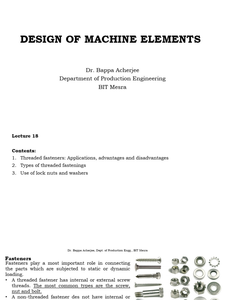 Design of Machine Elements (Mod 3) - DR Bappa Acherjee - Lecture 1 ...