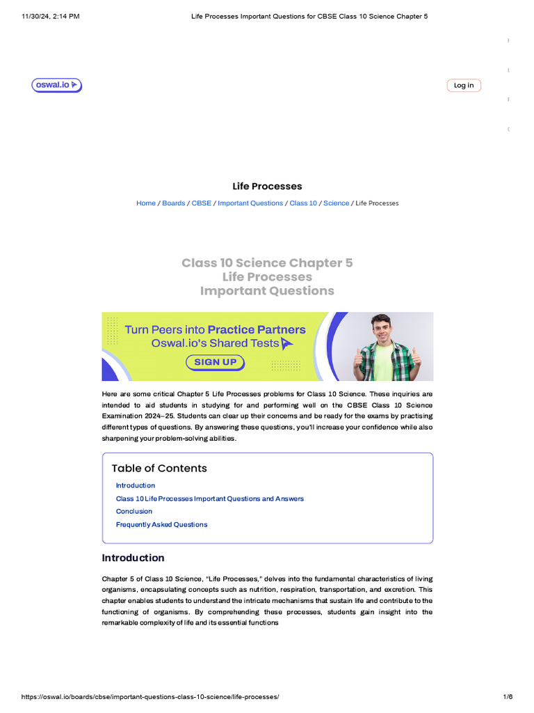 Important Questions on Life Processes | PDF | Stomach | Stoma