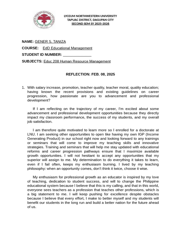 Reflection Hrm-Genertaniza | PDF | Teachers | Mentorship