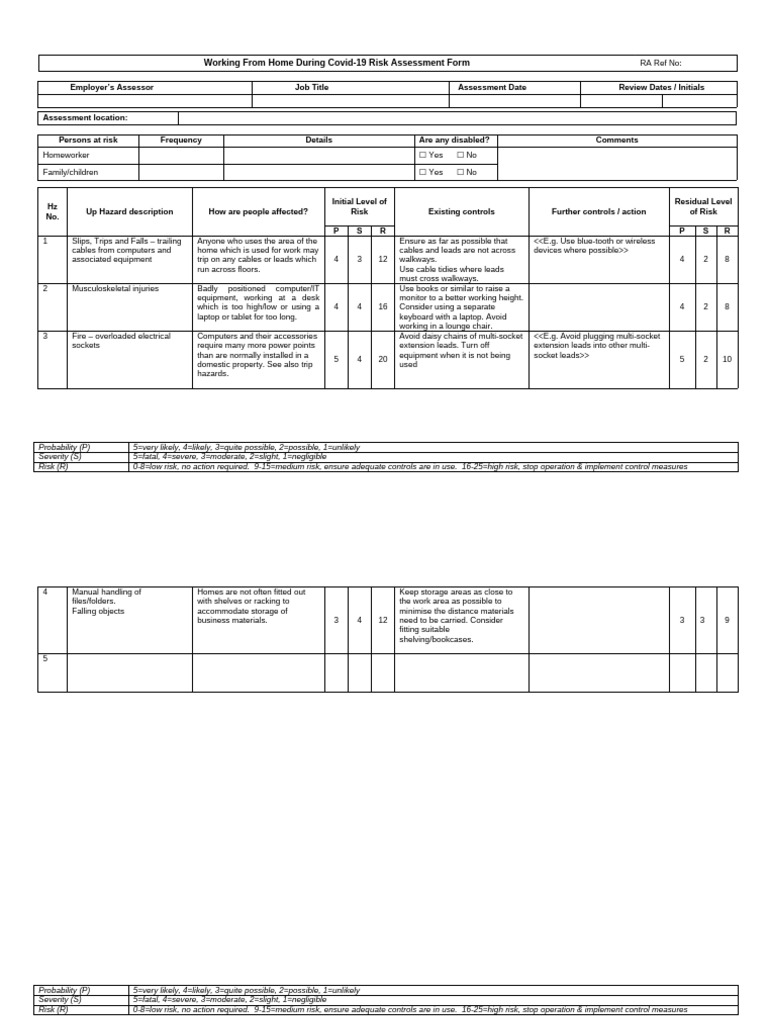 Risk Assessment Form for Working From Home During the Covid-19 ...