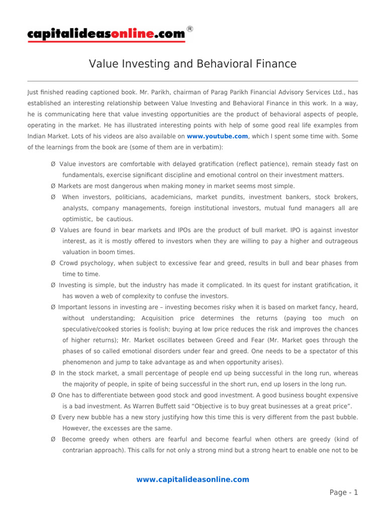 Value Investing & Behavioral Finance Insights | PDF | Investing | Value ...