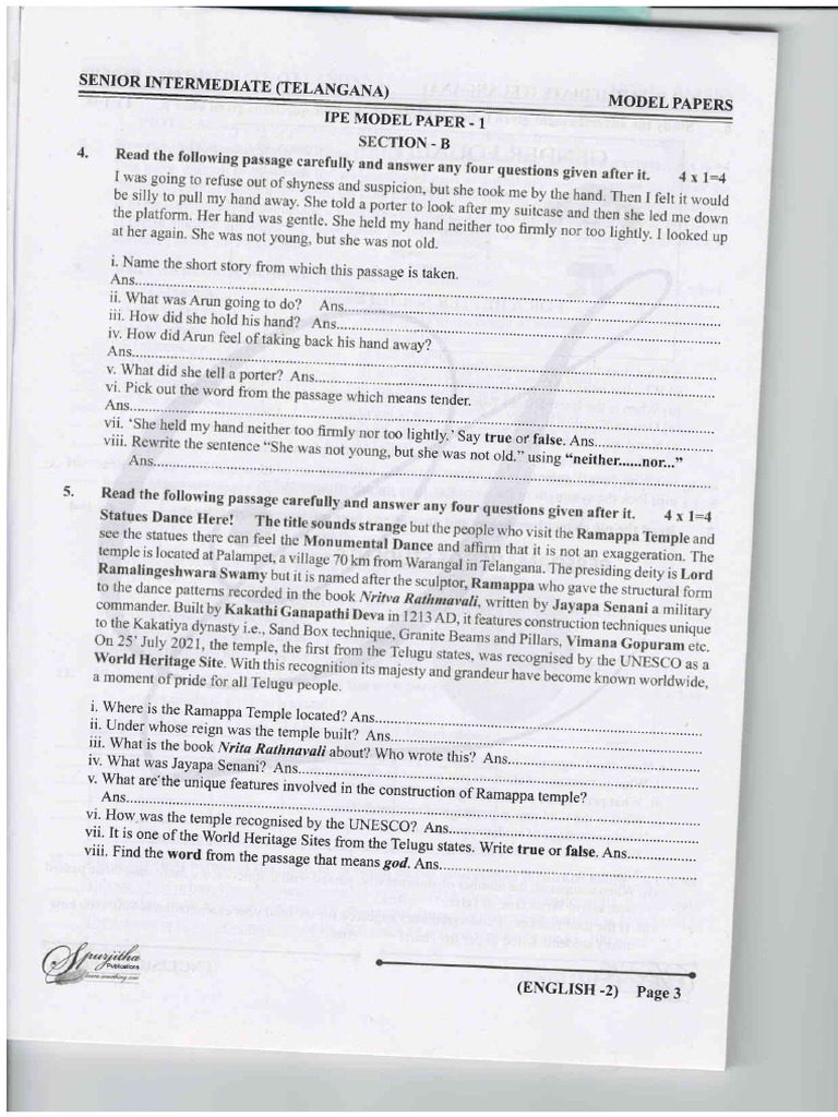 Telangana Senior Intermediate Model Papers | PDF | Linguistics | Grammar