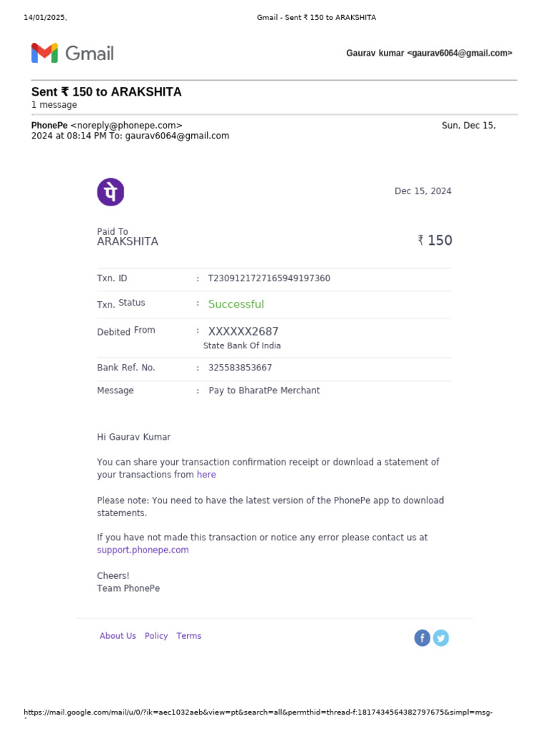 Transaction Confirmation: ₹150 to ARAKSHITA | PDF