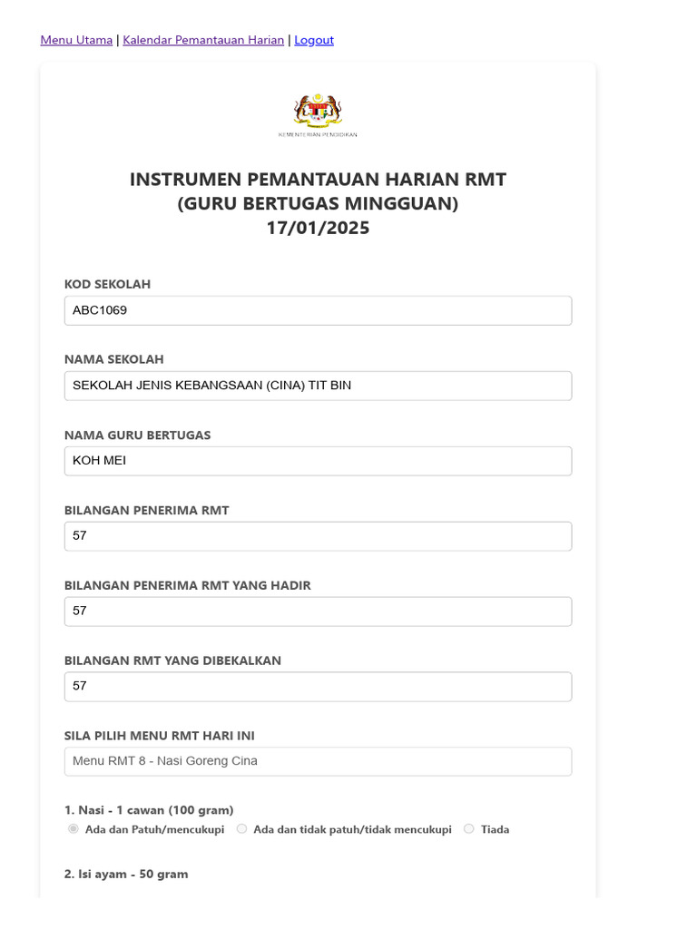 Pemantauan Harian RMT Sekolah Cina | PDF