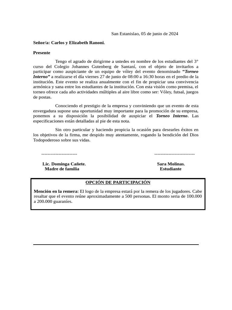 Pedido de Auspicio para Remeras. Ferreteria Ranoni. | PDF