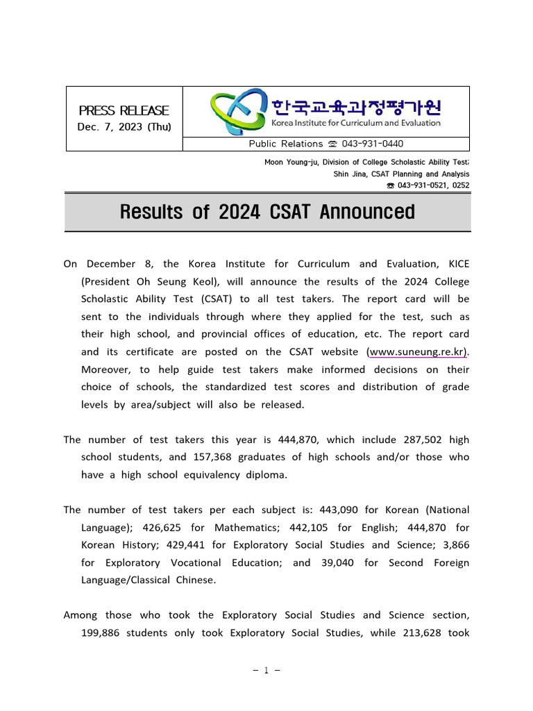 [MOE+12 07}+Results+of+2024+CSAT+Announced | PDF