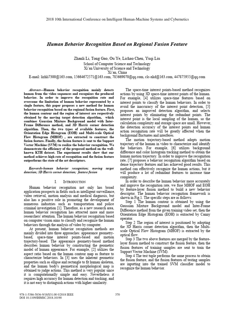 Human Behavior Recognition Based On Regional Fusion Feature | PDF