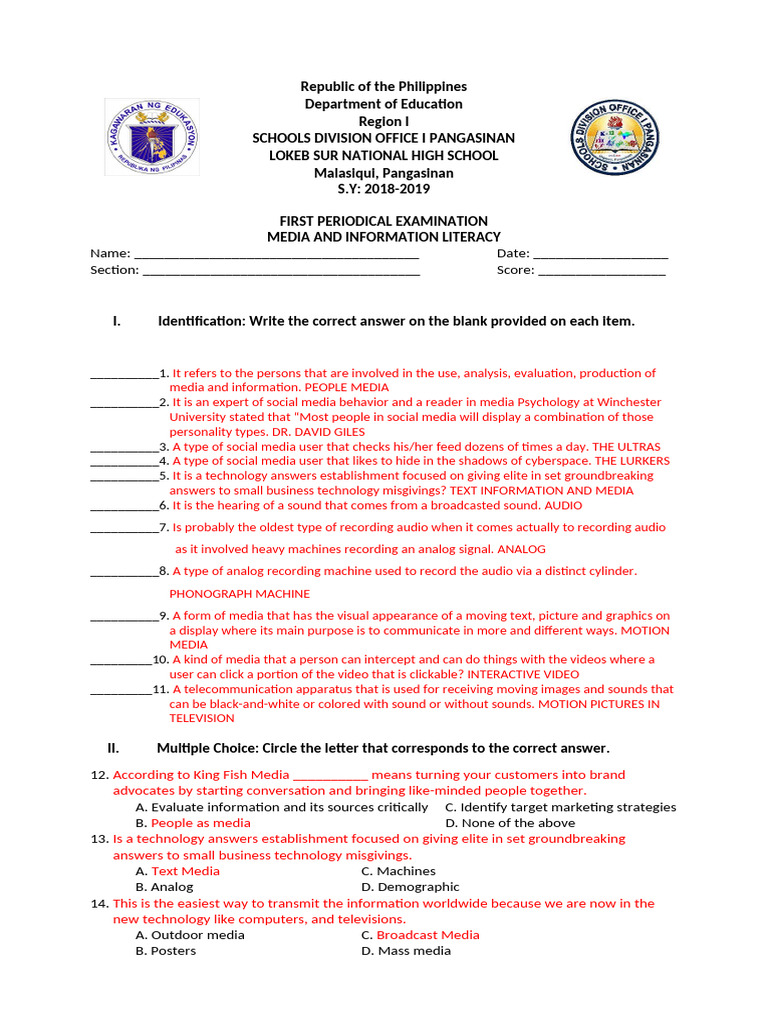 MEDIA 2nd PERIODICAL EXAM Answer Sheet | PDF | Information | Video
