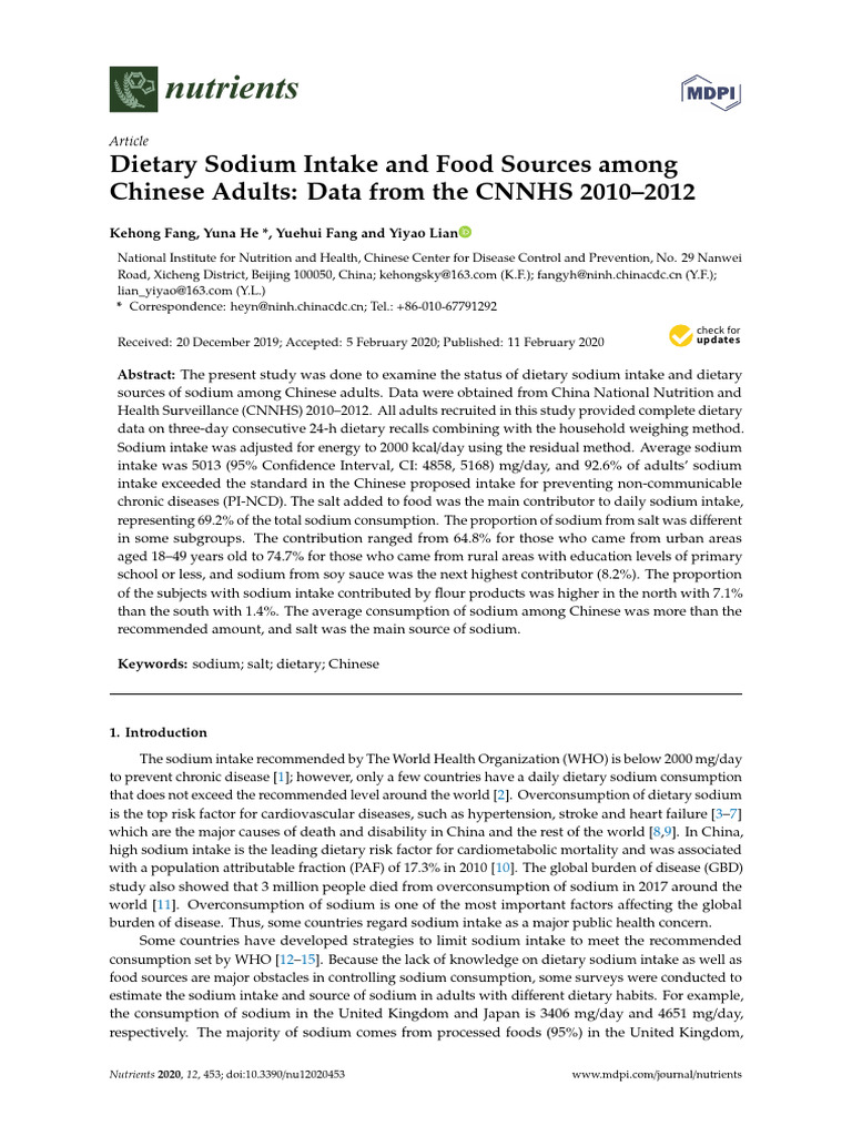 Fang, 2020. Dietary Sodium Intake and Food Sources Among | PDF | Sodium ...