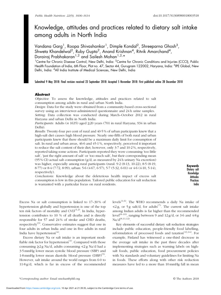 Salt Intake Knowledge in North India Adults | PDF | Salt | Determinants ...