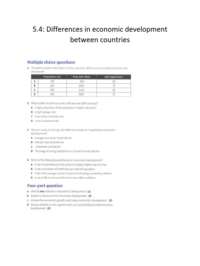 5.4.diffences-In-Economic-Development-Between-Countries Exercises | PDF