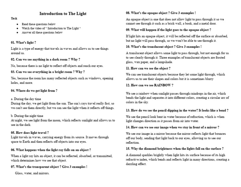Introduction To The Light Video Worksheet | PDF | Reflection (Physics ...