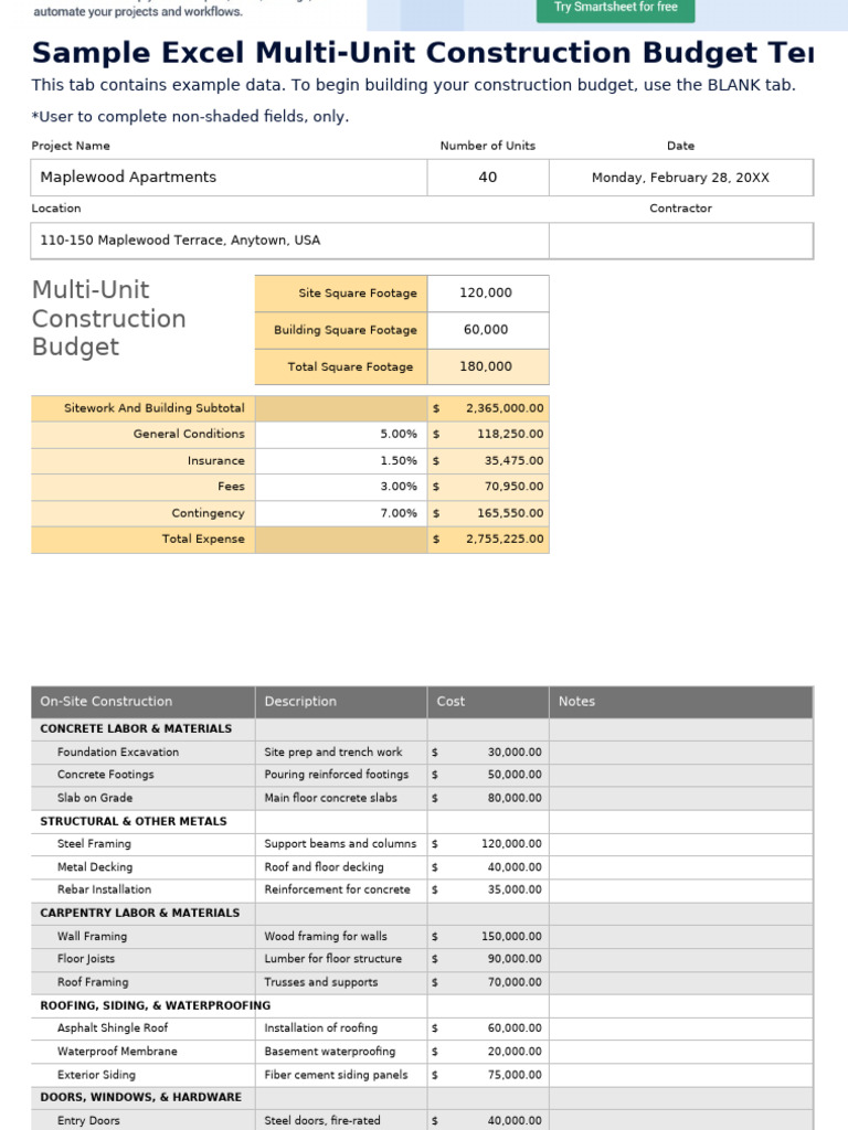 Multi-Unit Construction Budget Template | PDF | Elevator | Foundation ...