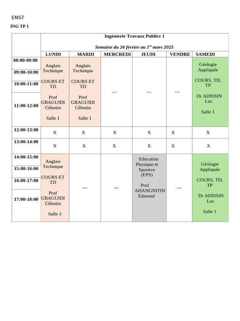 Emploi du temps ENST P 2025 | PDF | Sciences de la terre | Hydrologie