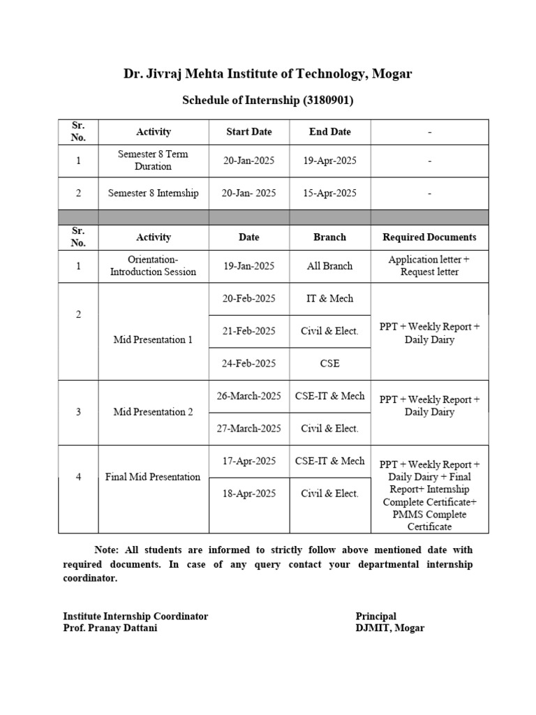 Internship Schedule for DJMIT 2025 | PDF