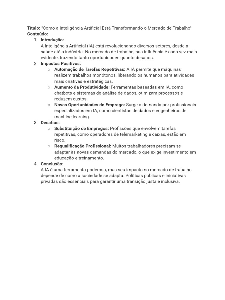 Impactos da IA no Mercado de Trabalho | PDF