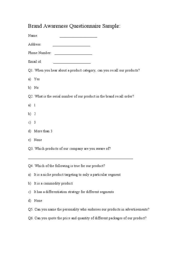 Brand Awareness Questionnaire Sample