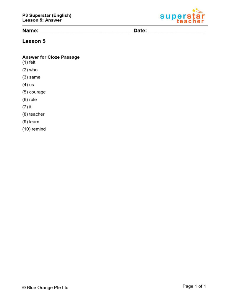 P3 Superstar - English - Lesson 5 Answer | PDF