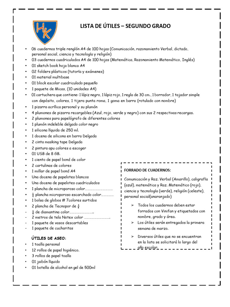 Útiles escolares para segundo grado | PDF
