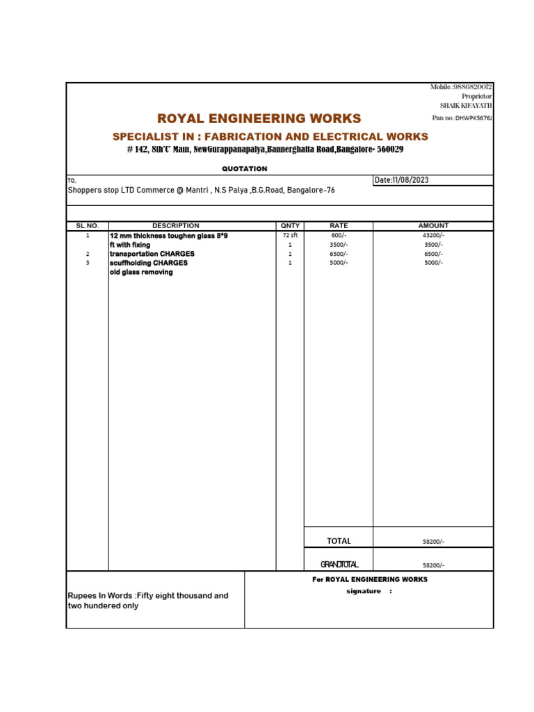 Quotation for Glass Fabrication Services | PDF