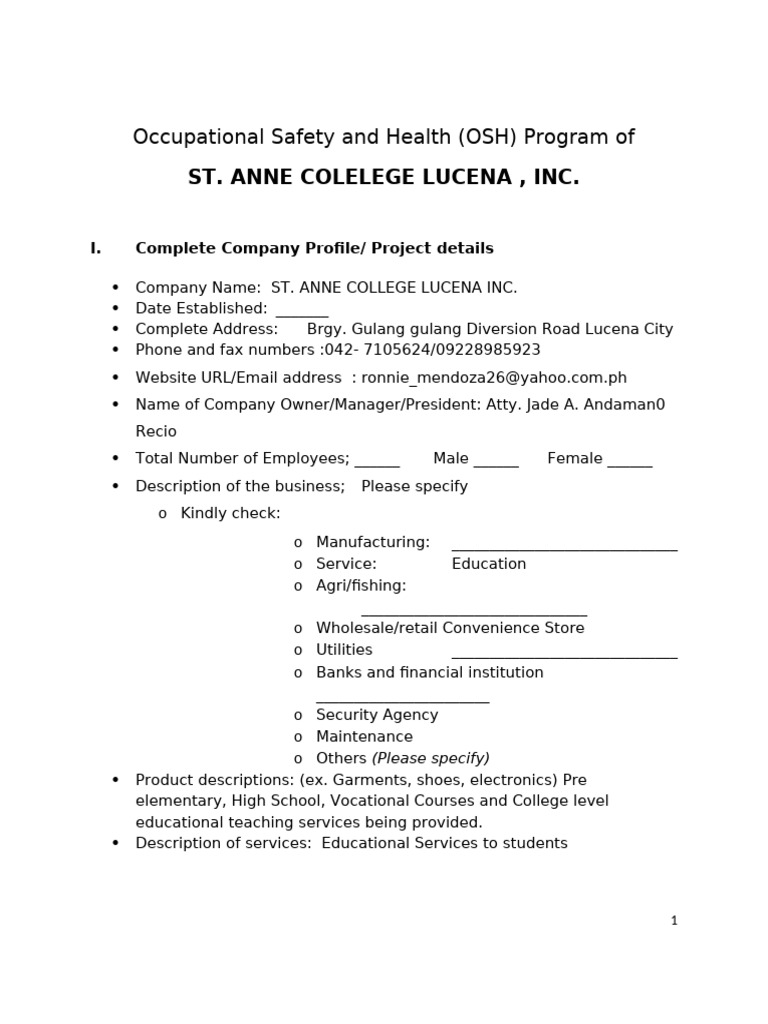 OSH Program Overview for St. Anne College | PDF | Occupational Safety ...