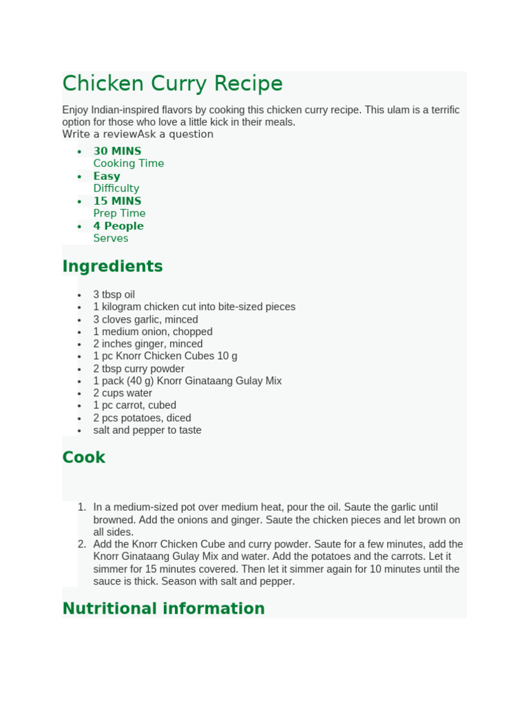 Chicken Curry Recipe | PDF