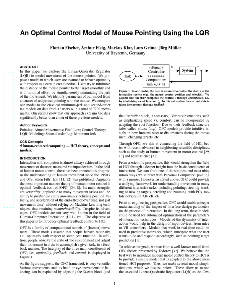An Optimal Control Model of Mouse Pointing Using The LQR | PDF | Least ...
