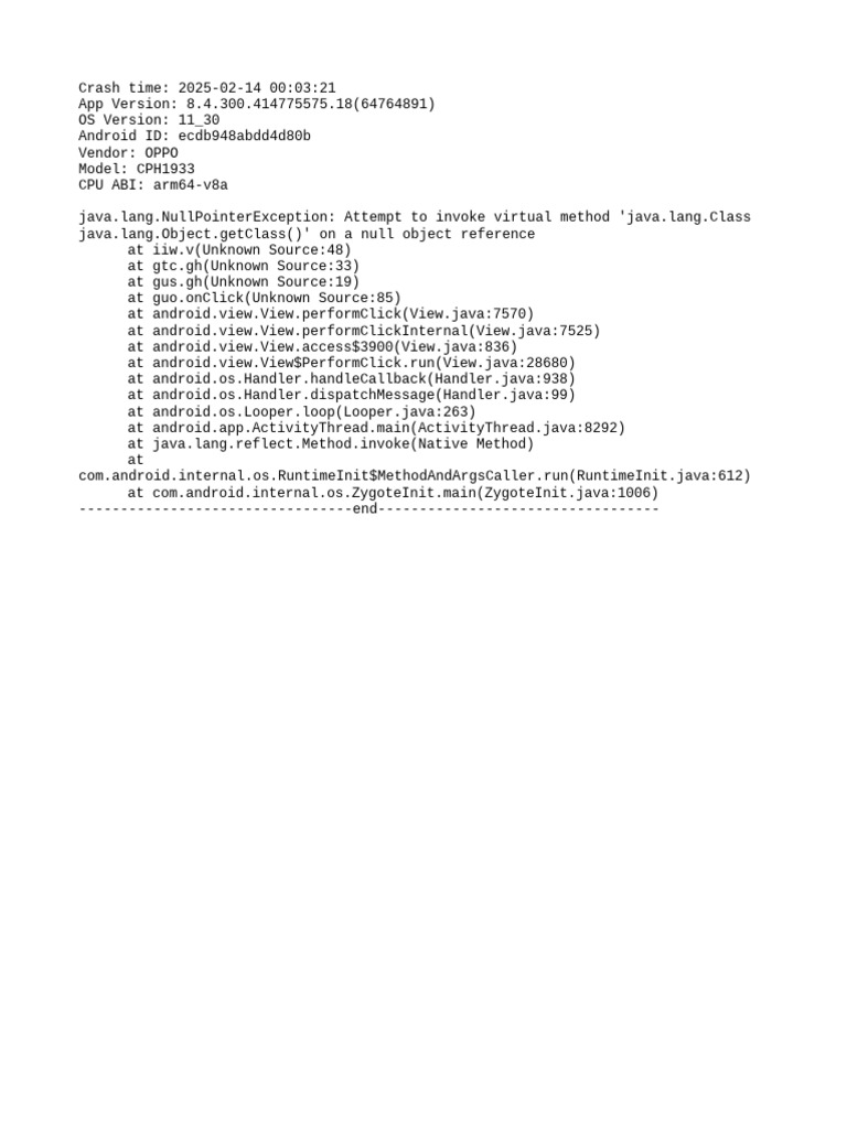 NullPointerException Crash Report | PDF