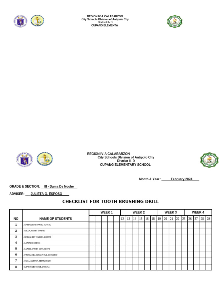 Checklist For Tooth Brushing Drill | PDF