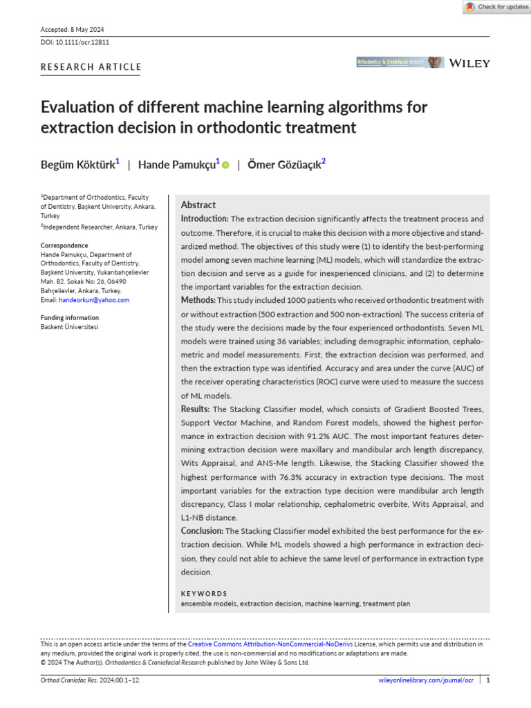Machine Learning in Orthodontic Extraction Decisions | PDF | Receiver ...